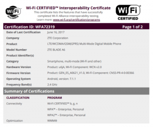 ZTE Blade A6 WiFi certification